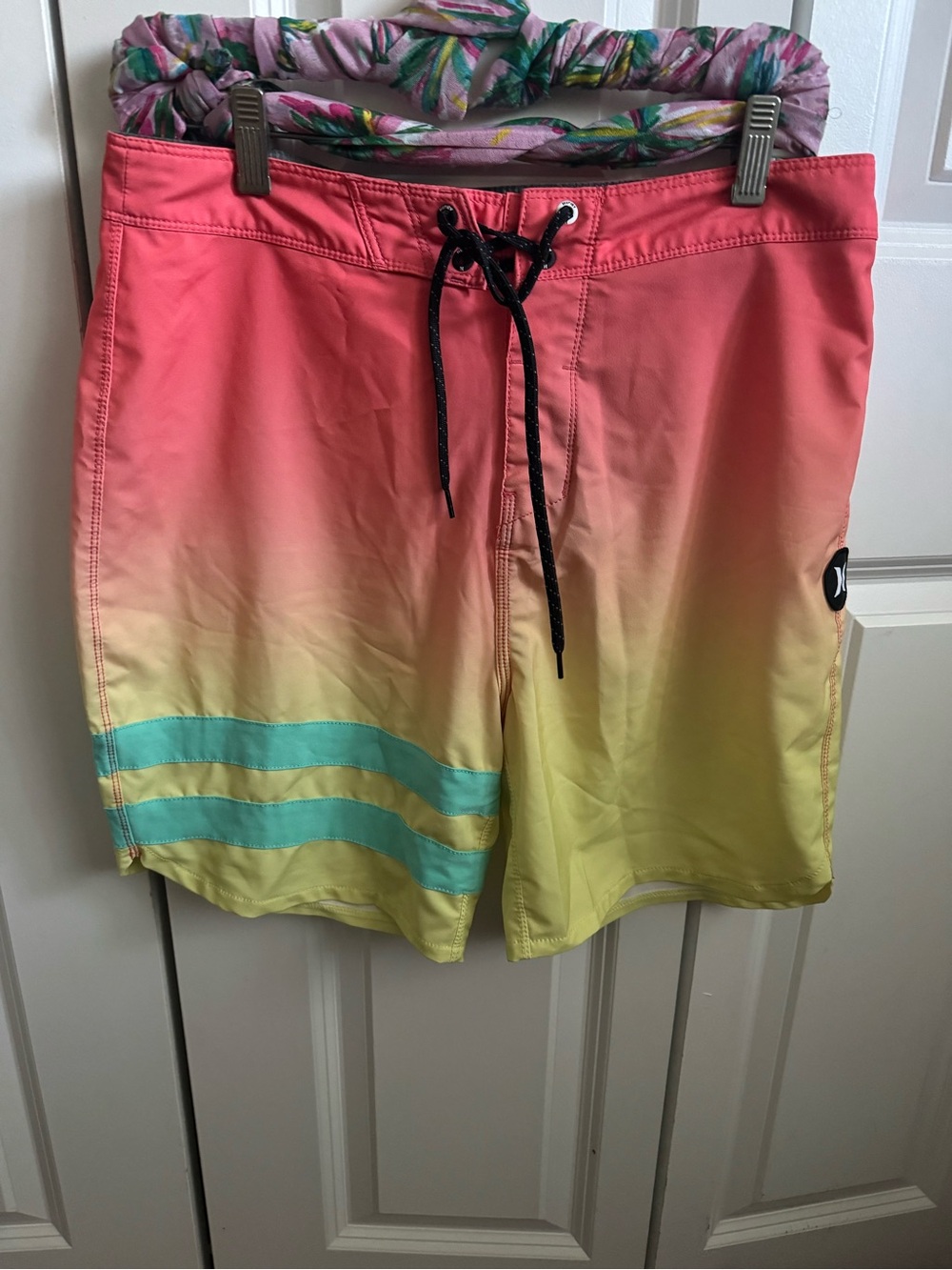 Hurley Ombre Coral to Yellow Board Shorts with Teal Stripes